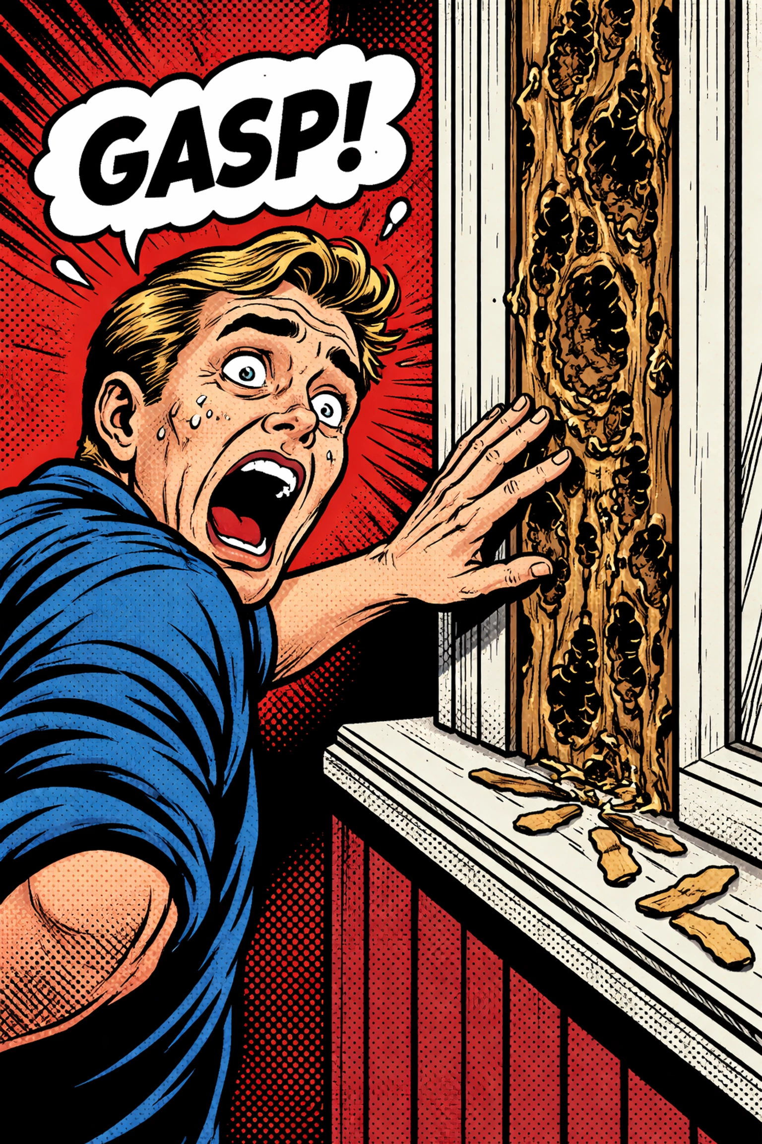 Comic style image of a Jasper homeowner shocked by major termite damage found in a wooden door frame, emphasizing urgent termite inspection.