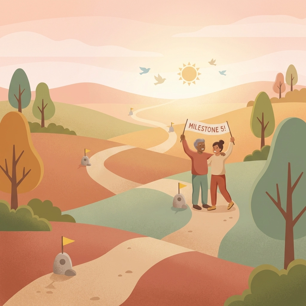 Parent and young adult celebrating progress milestones on a winding path, symbolizing gradual ABA therapy success.