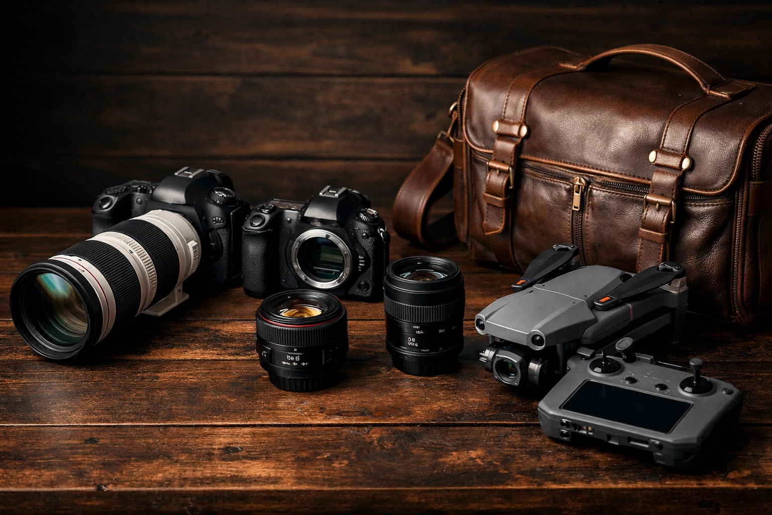 Essential photography gear including cameras, lenses, and a drone laid out for a professional project.