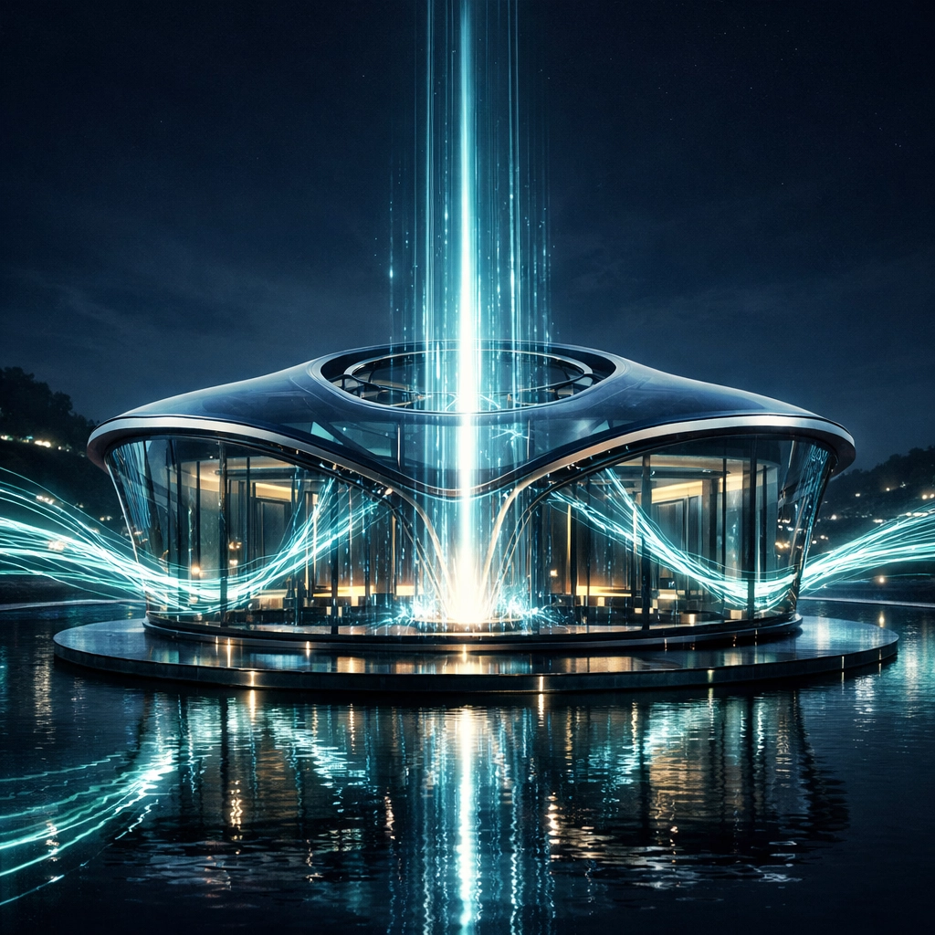 Futuristic digital hub pavilion representing a central industrial website for lead conversion and data validation.