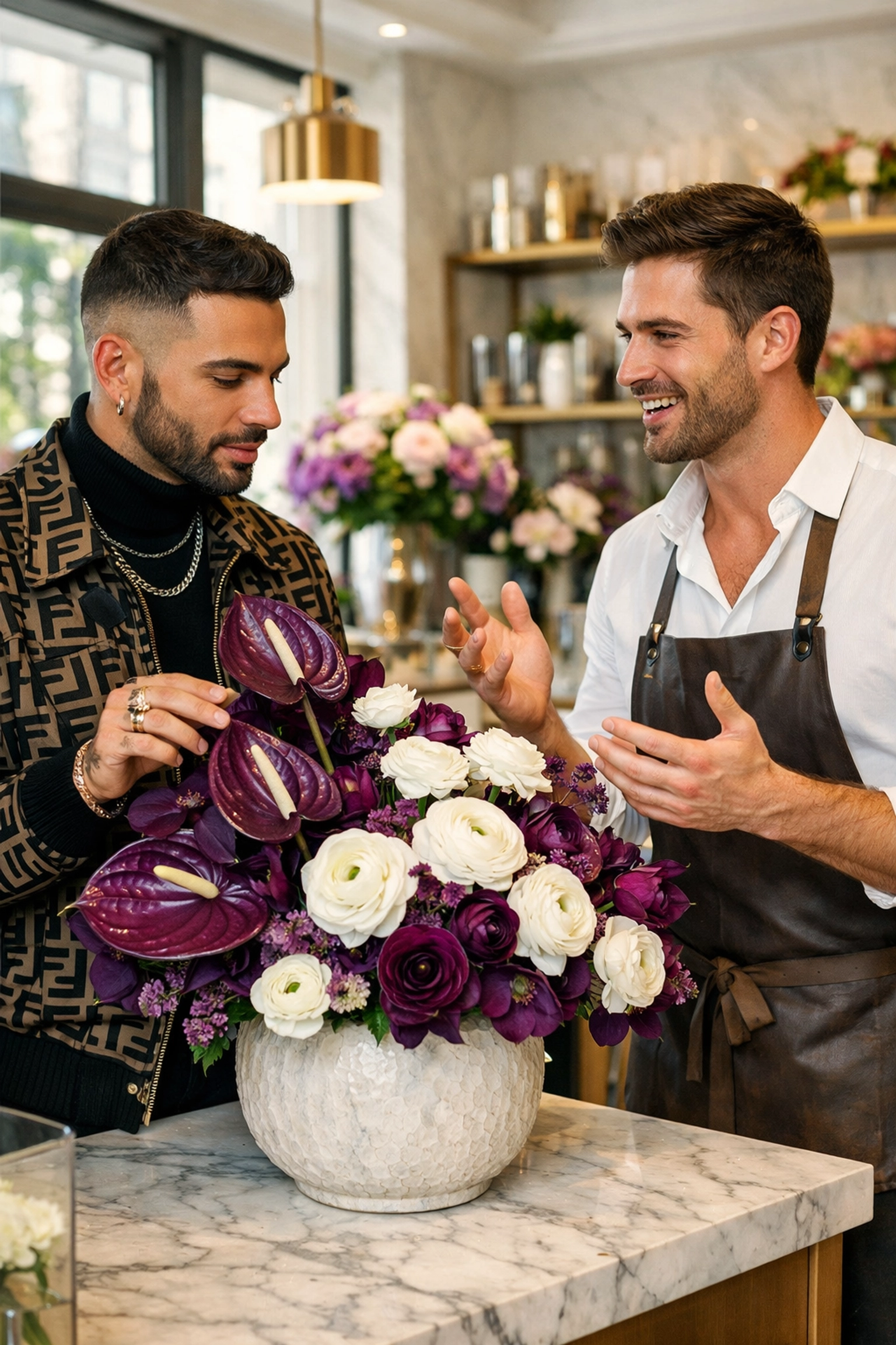 Gay florist consulting with wealthy client over premium floral arrangement in upscale boutique