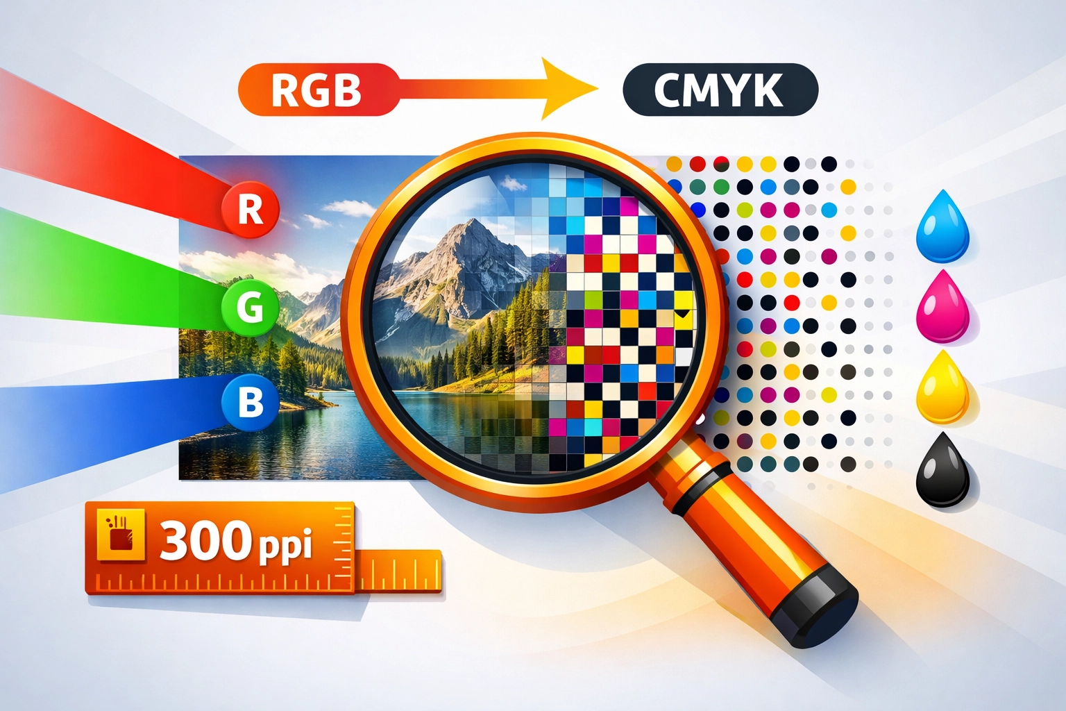 Color conversion from RGB to CMYK with 300 ppi resolution indicator for print files