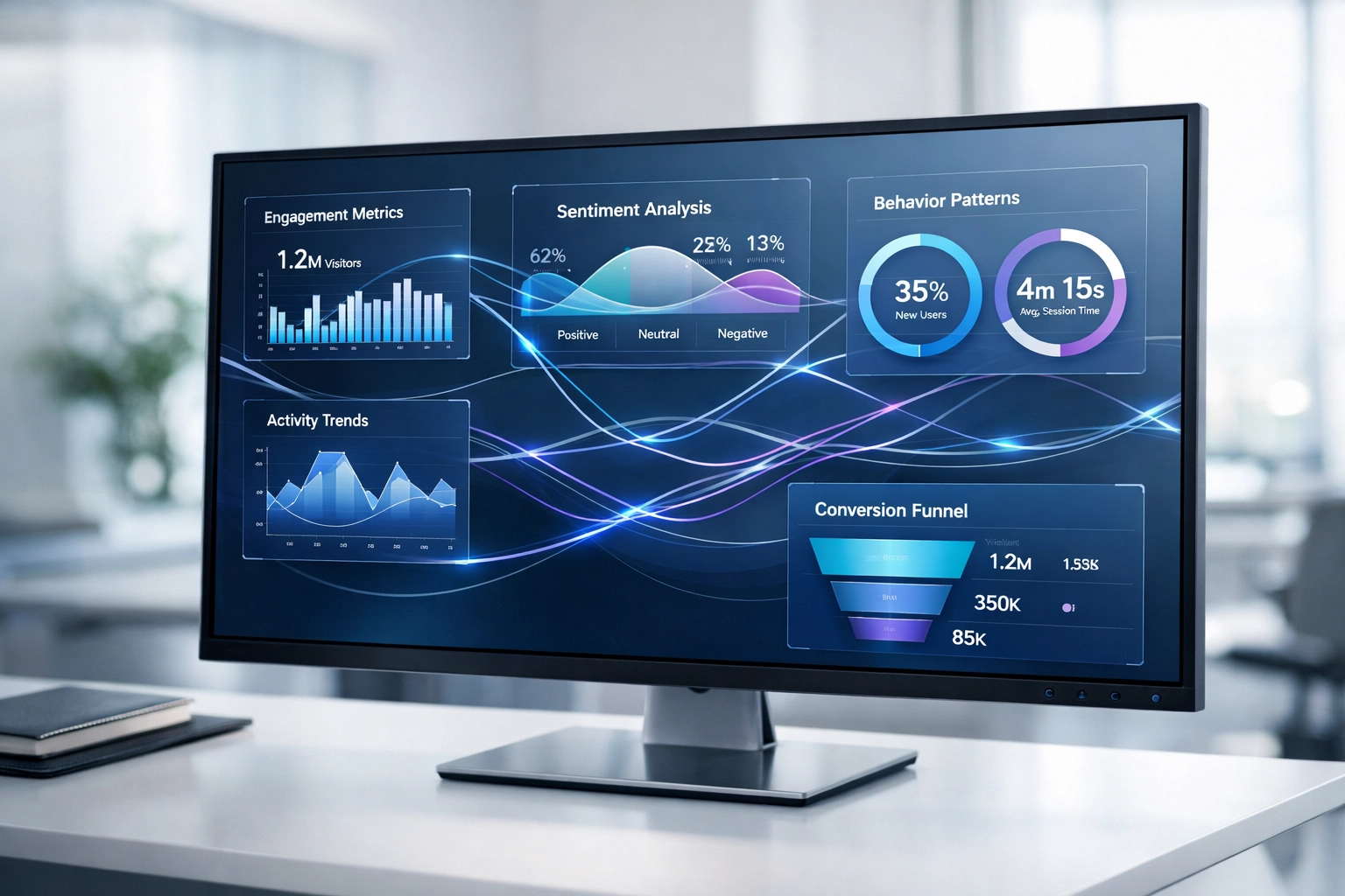 Customer engagement dashboard displaying churn prediction metrics and behavioral patterns