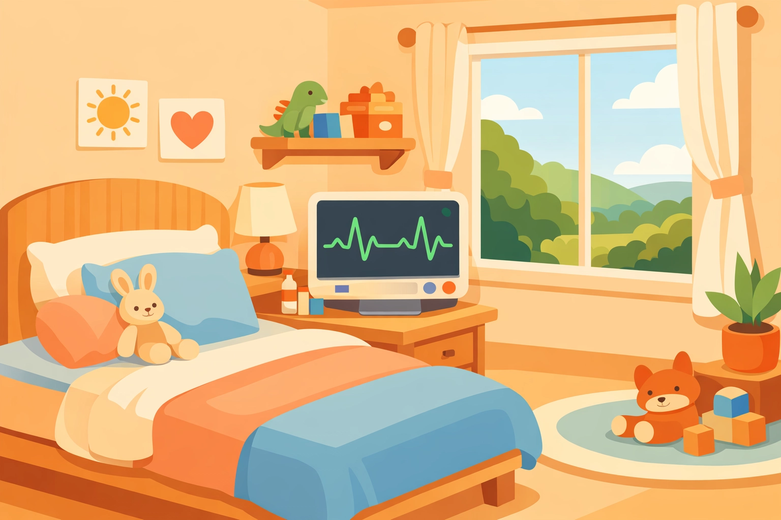 Illustration of a safe, organized bedroom sanctuary for a medically fragile child in Georgia.
