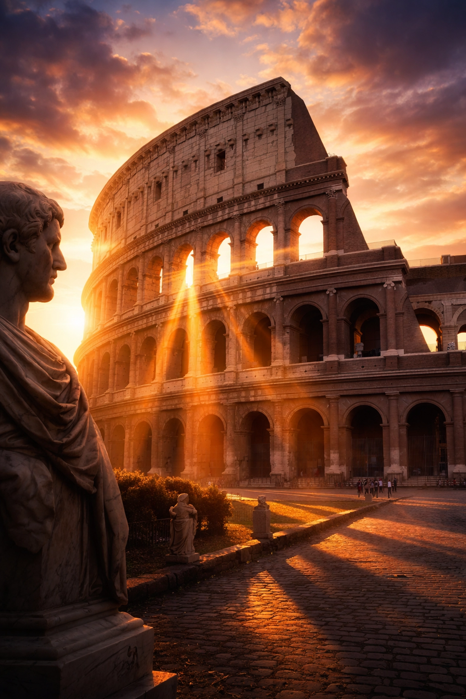 Roman Colosseum at sunset with a marble bust, representing Tacitus and Roman accounts of Jesus as a historical figure.