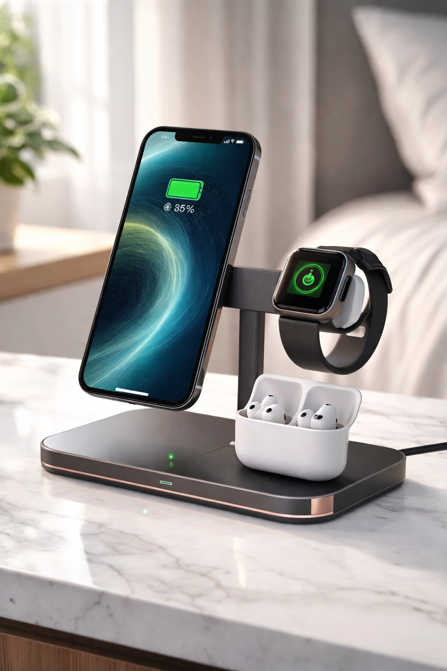 Multi-device wireless charging station with smartphone, smartwatch, and earbuds on nightstand