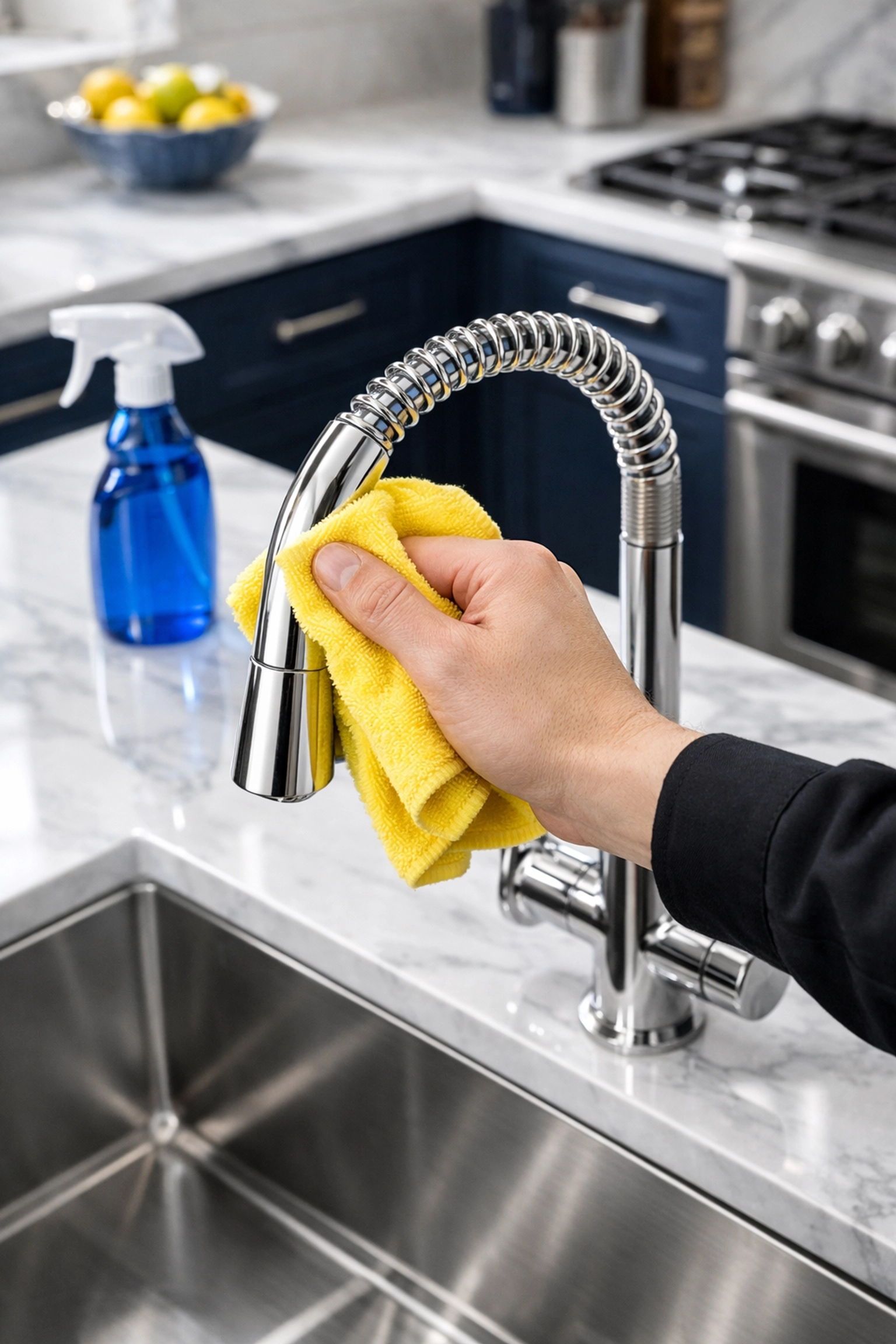 Professional hand polishing a kitchen faucet for high-end cleaning services near me.