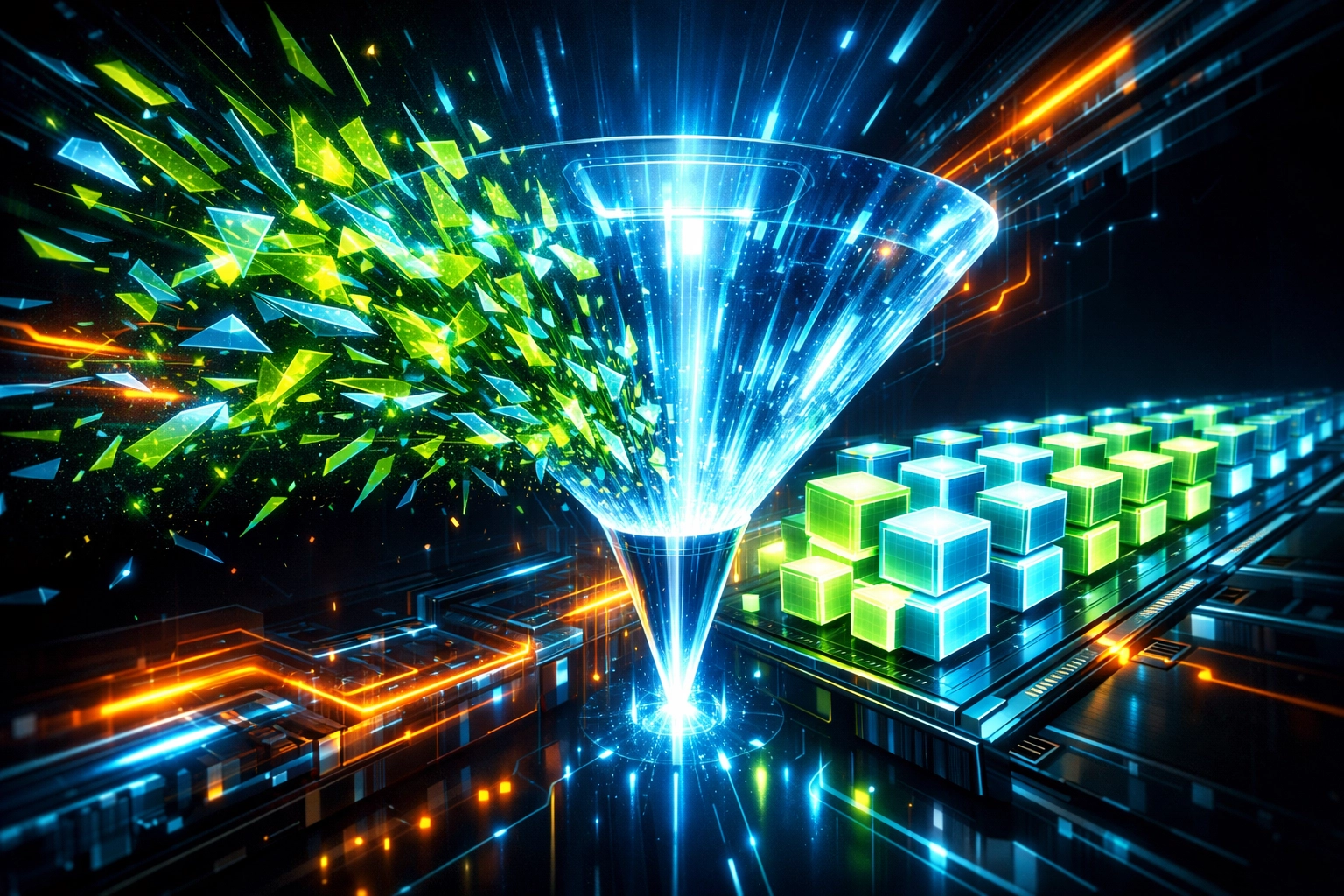 Digital data refinery transforming messy information into structured custom AI solutions for ROI.