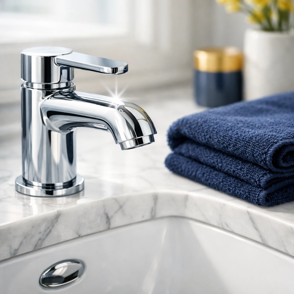 Detail of a spotless marble sink and polished chrome faucet from luxury house cleaning in Marblehead.