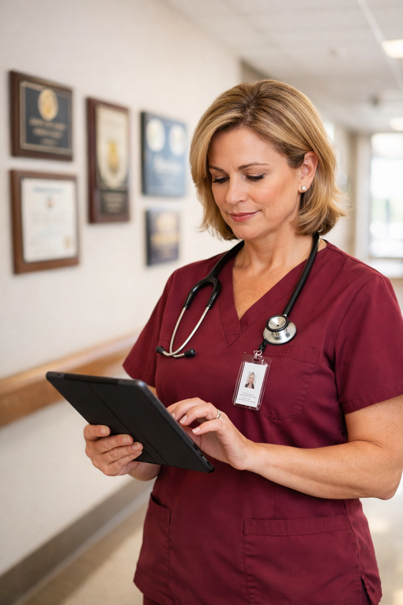 Director of Nursing reviewing compliance documents in Canadian long-term care facility