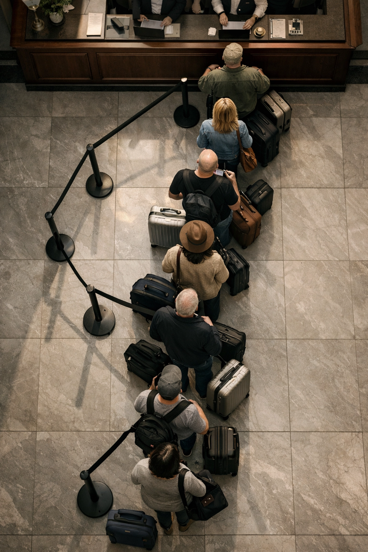 Hotel lobby queue with guests waiting in line at front desk for check-in