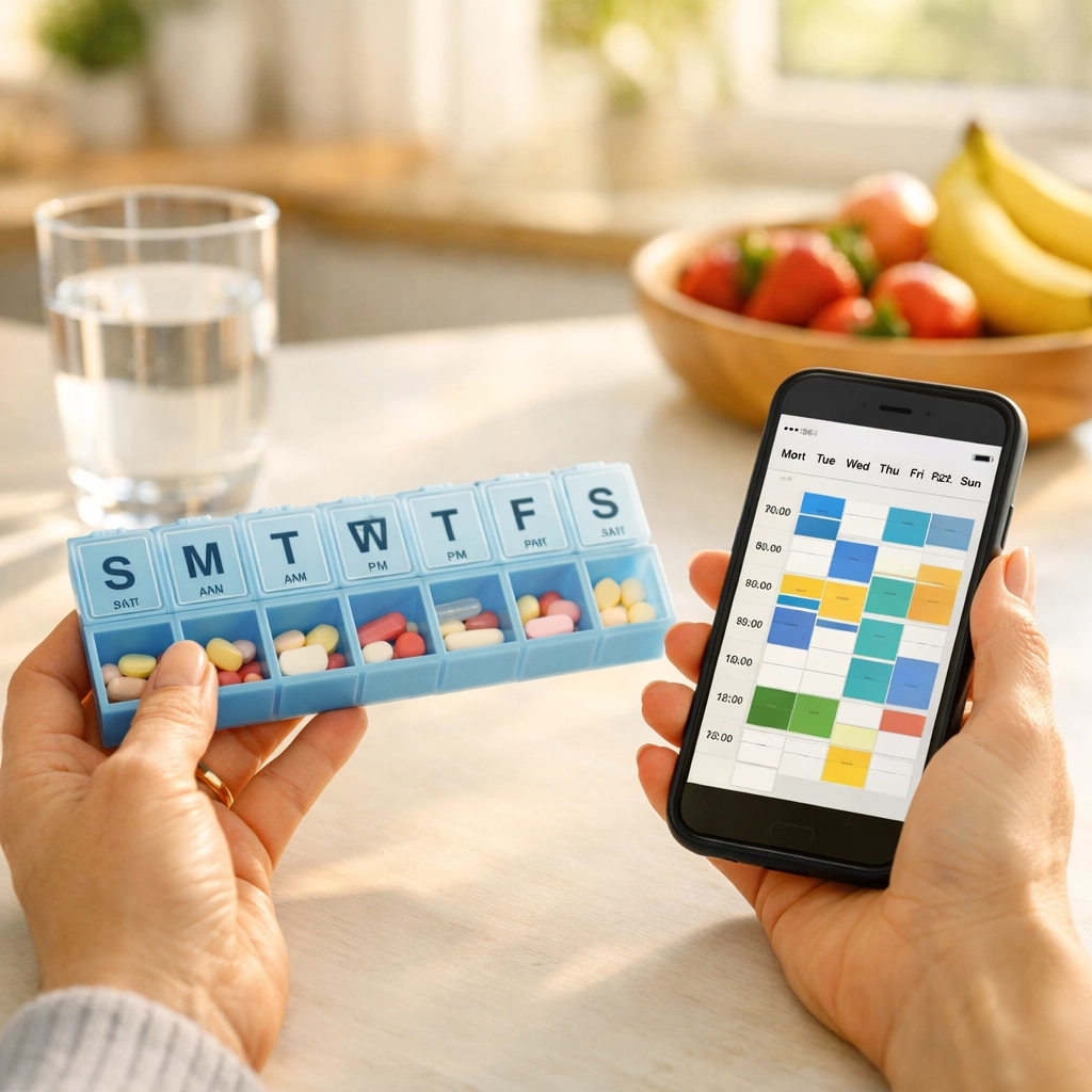 Hands organizing weekly medication schedule with smartphone for weight loss treatment