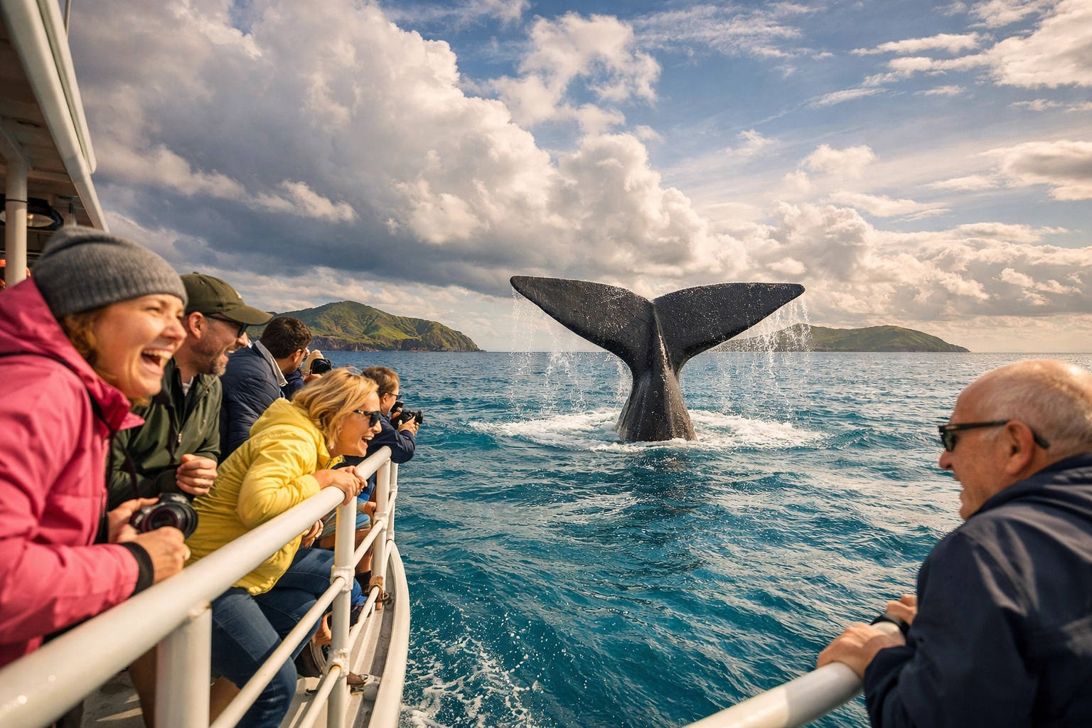 Sperm whale tail breaching during whale watching tour in the Azores
