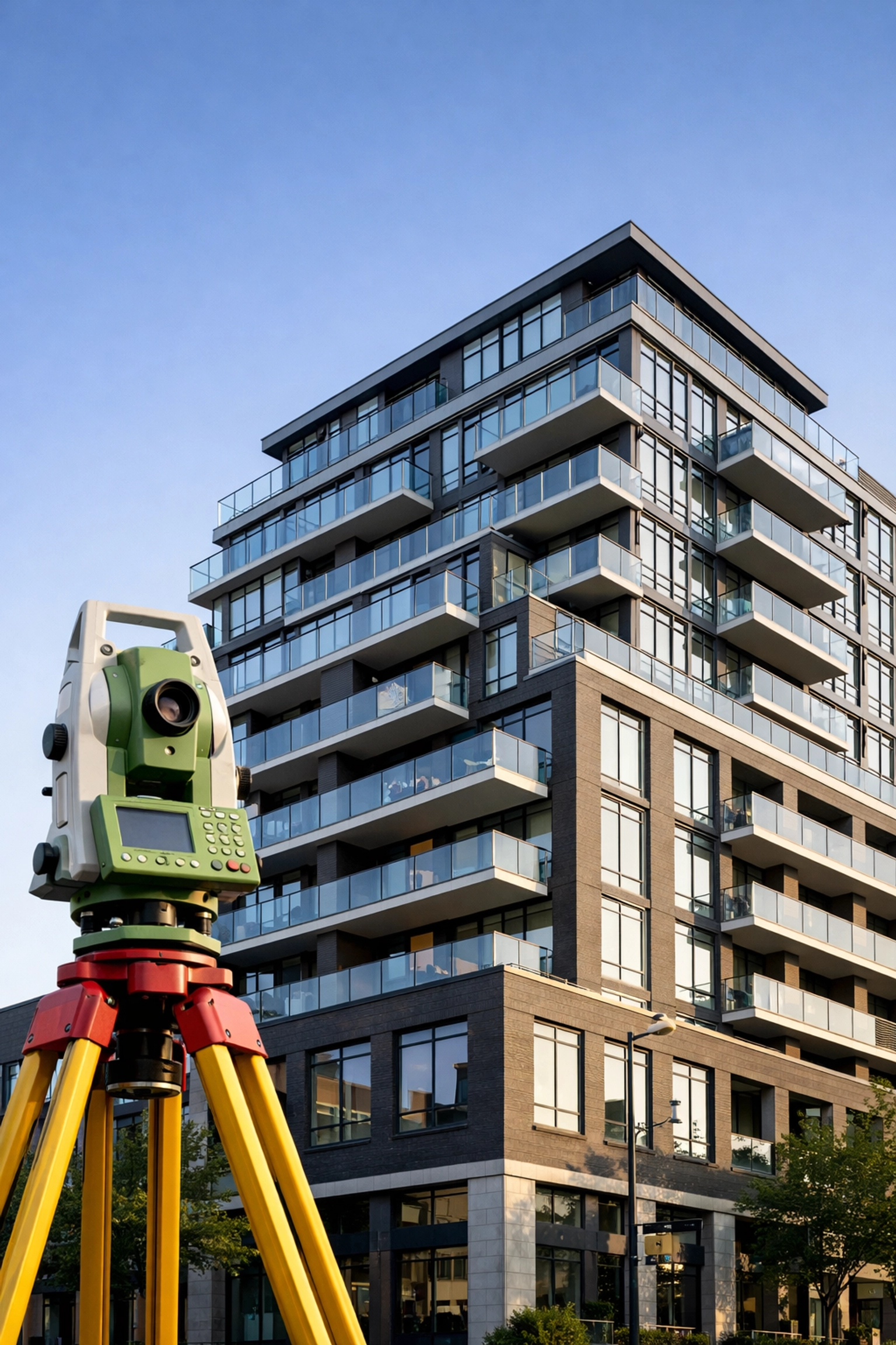 Completed Toronto residential building with surveyor equipment, representing 20 years of GTA engineering expertise.