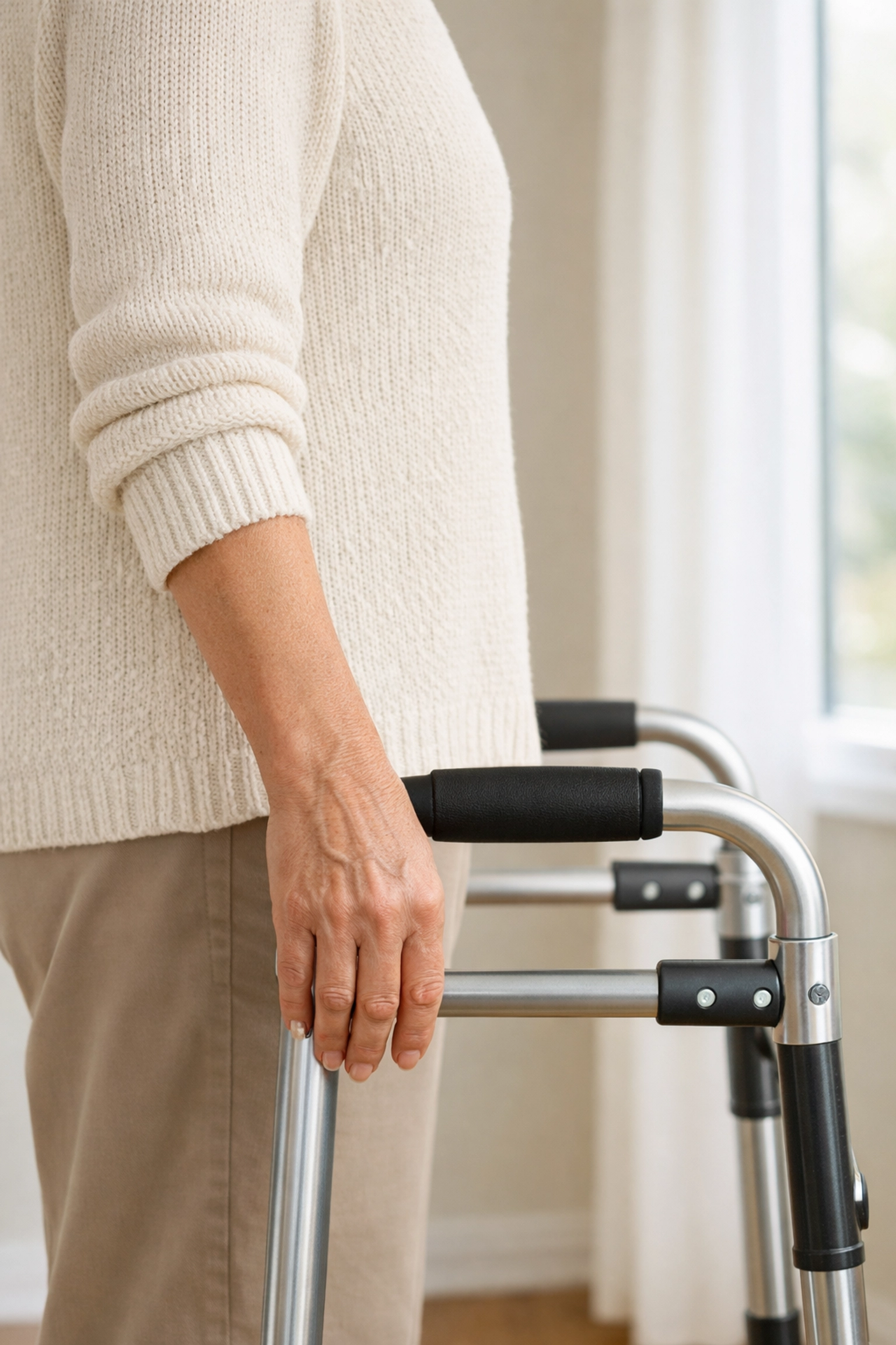 Adjusting walker handle height to align with the user's wrist crease for better posture.