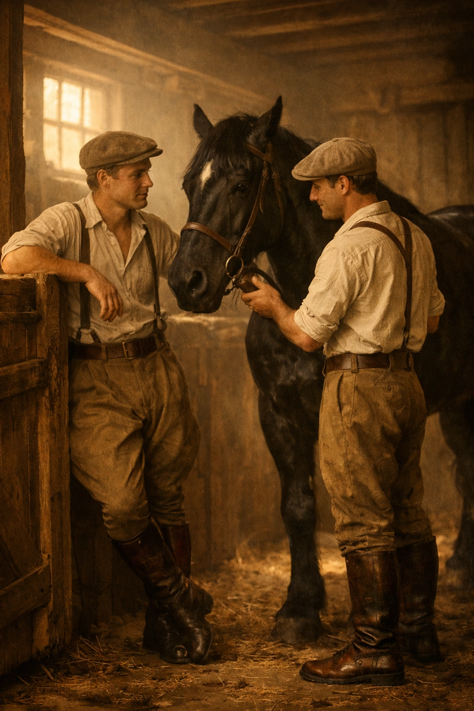 Two men in vintage equestrian attire grooming a horse in a sunlit barn, illustrating gay historical farm life.