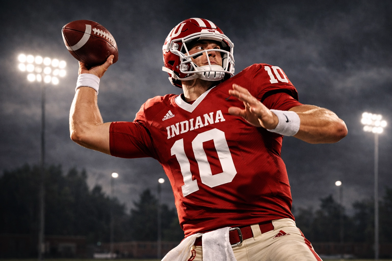Indiana Hoosiers quarterback throwing football in Memorial Stadium under lights