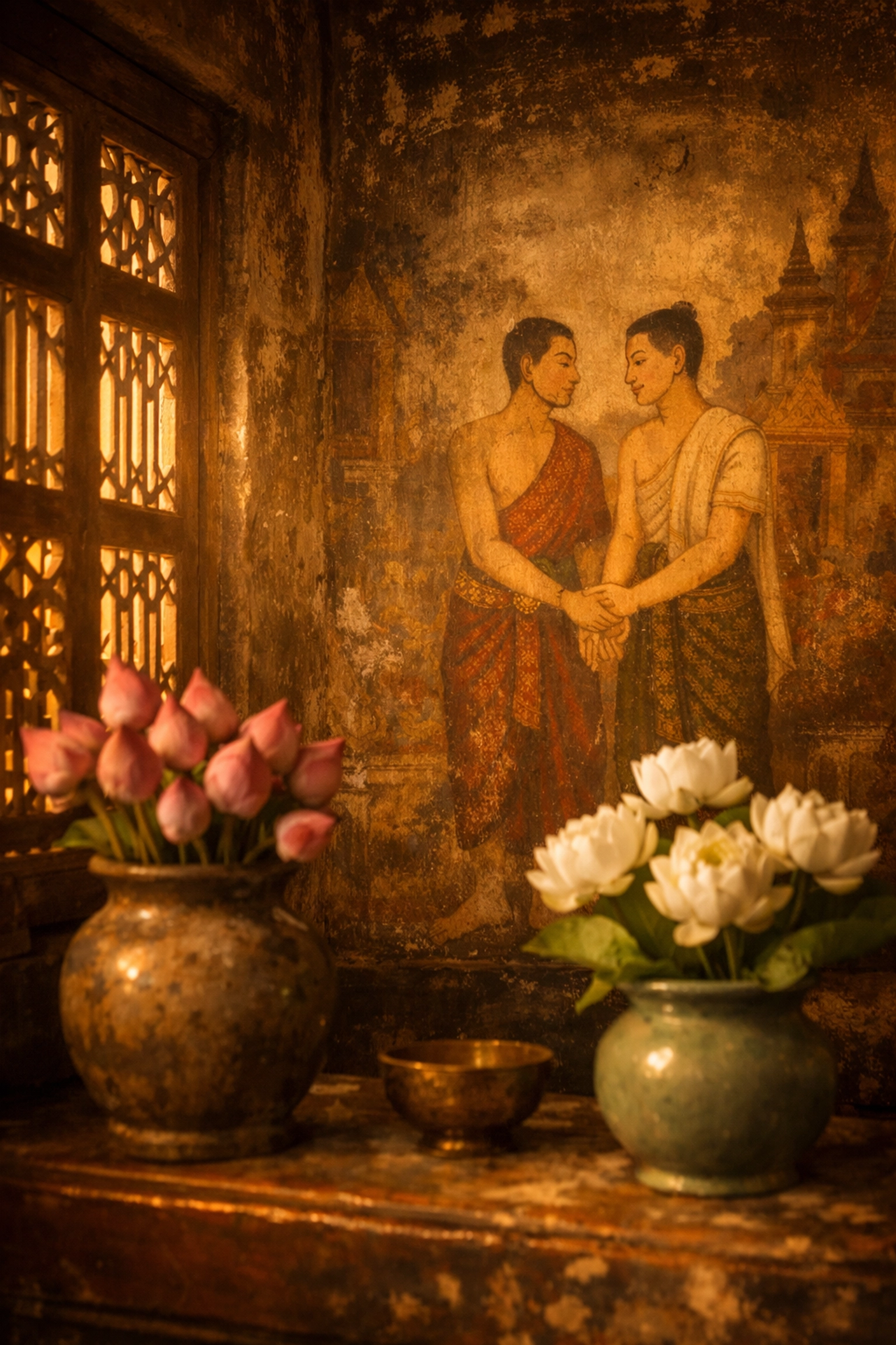 Ancient Thai temple murals depicting same-sex love in Buddhist tradition with lotus flowers