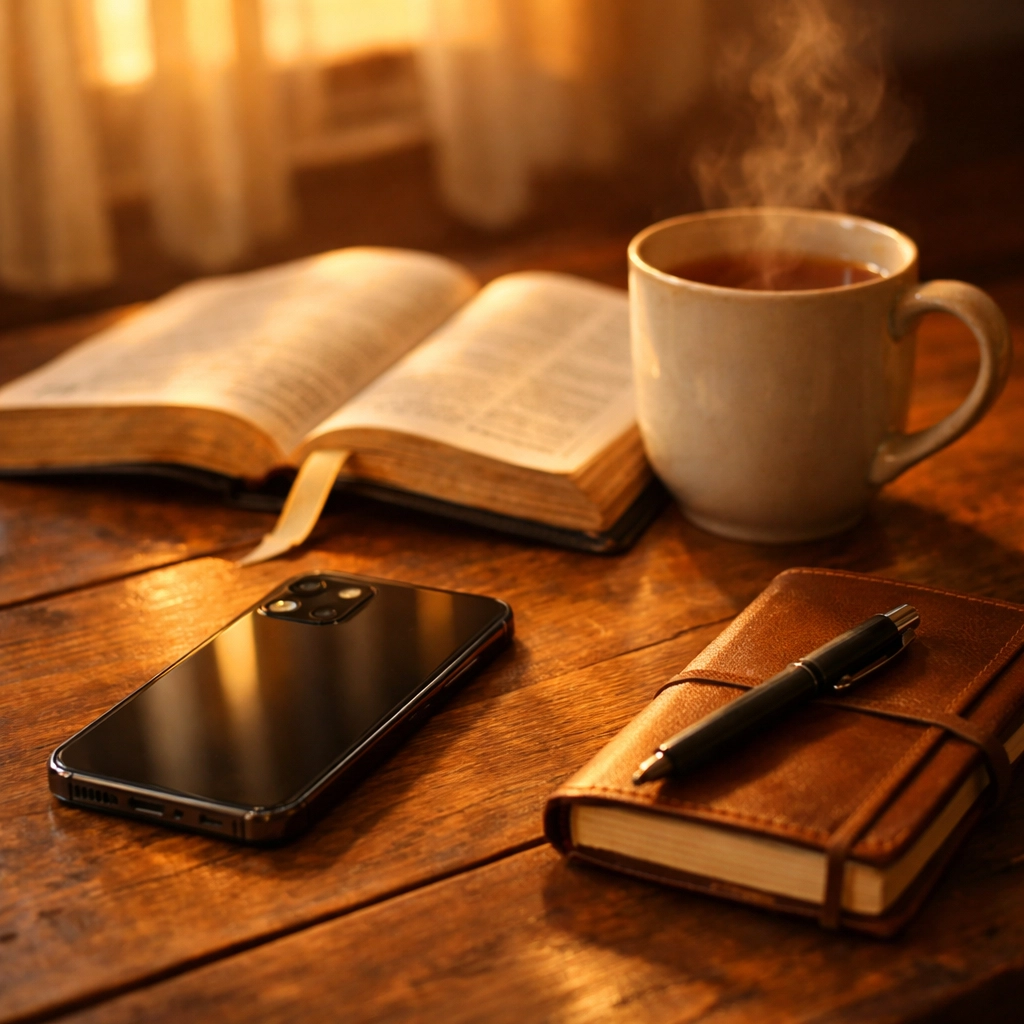 Phone face-down next to open Bible and journal at golden hour for intentional evening rest