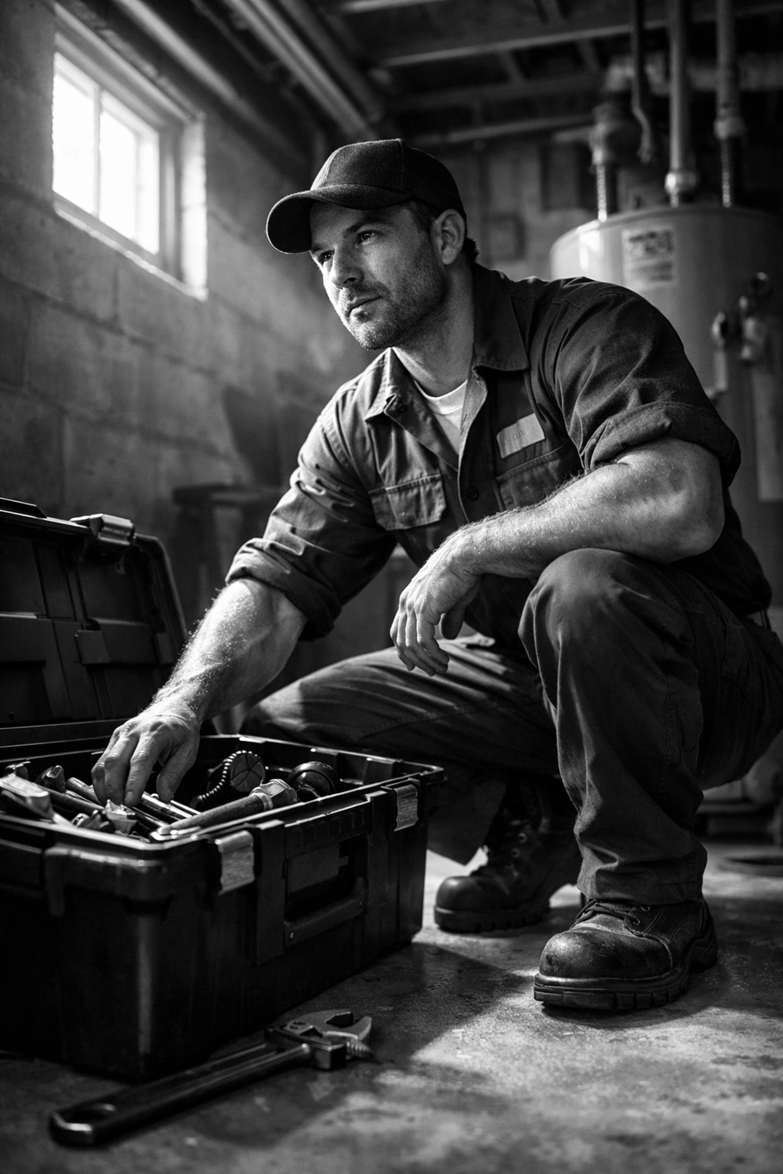 Licensed plumber in uniform with toolbox ready for emergency service call