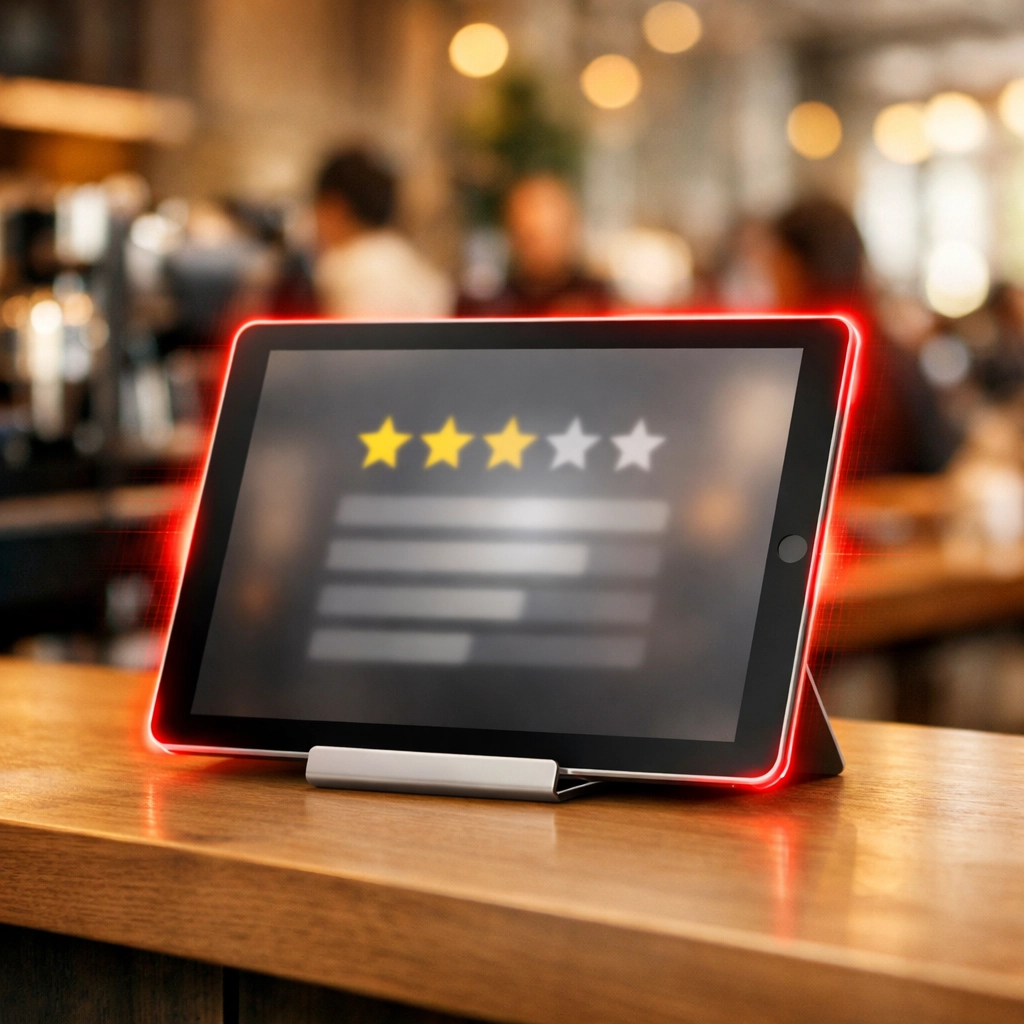 A digital review station on a cafe counter flagged by Google for suspicious review activity.