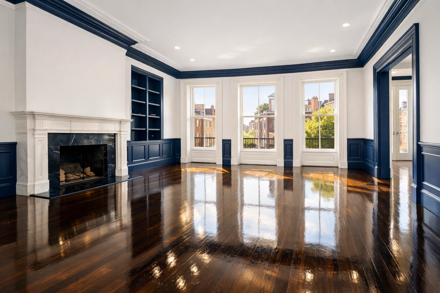 Sun-drenched Beacon Hill living room with polished hardwood floors after apartment cleaning in Boston.