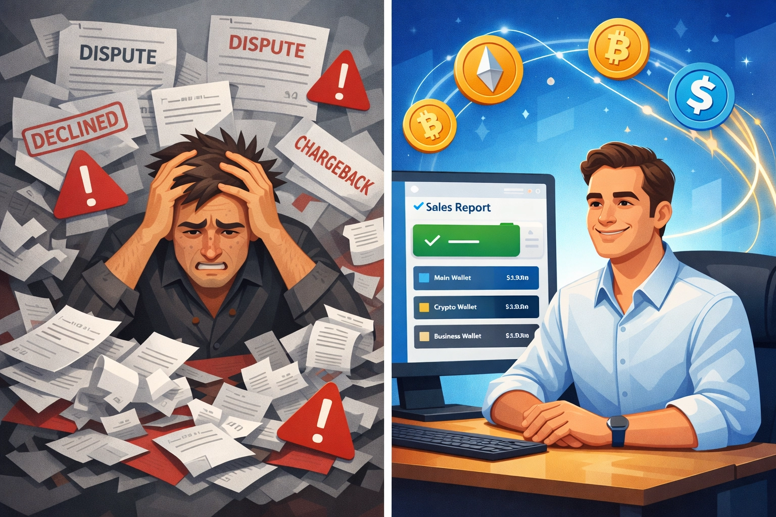 Traditional payment processor vs Larecoin crypto payment dashboard comparison showing fee savings