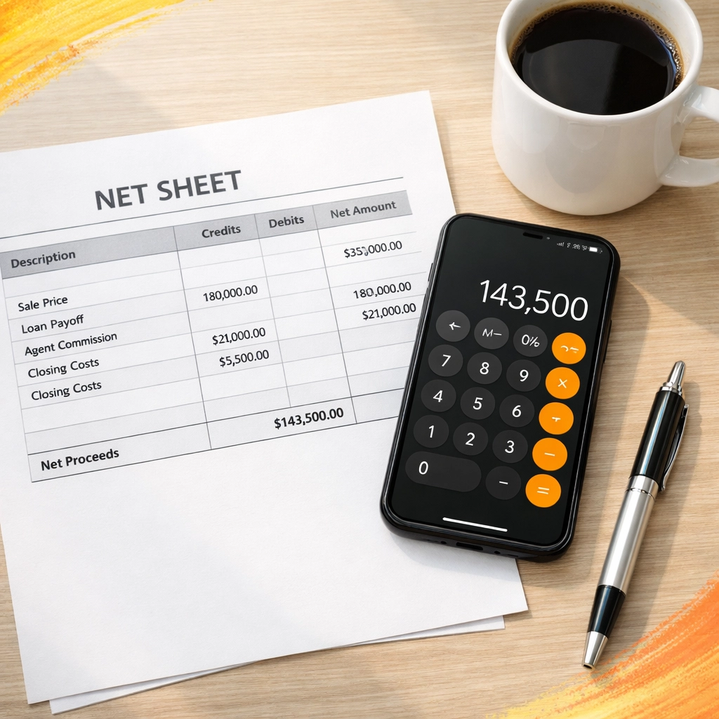Real estate net sheet and calculator on desk showing home selling budget clarity