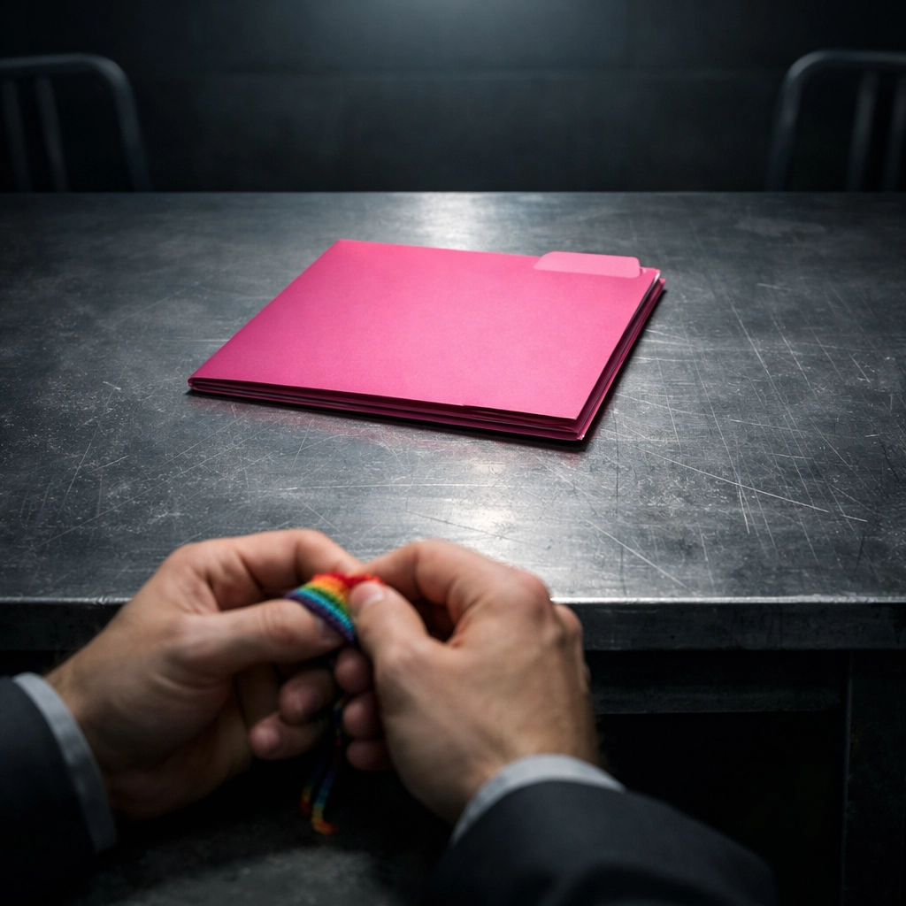 A pink file folder on an interrogation table symbolizing the surveillance of gay men in Communist Poland.