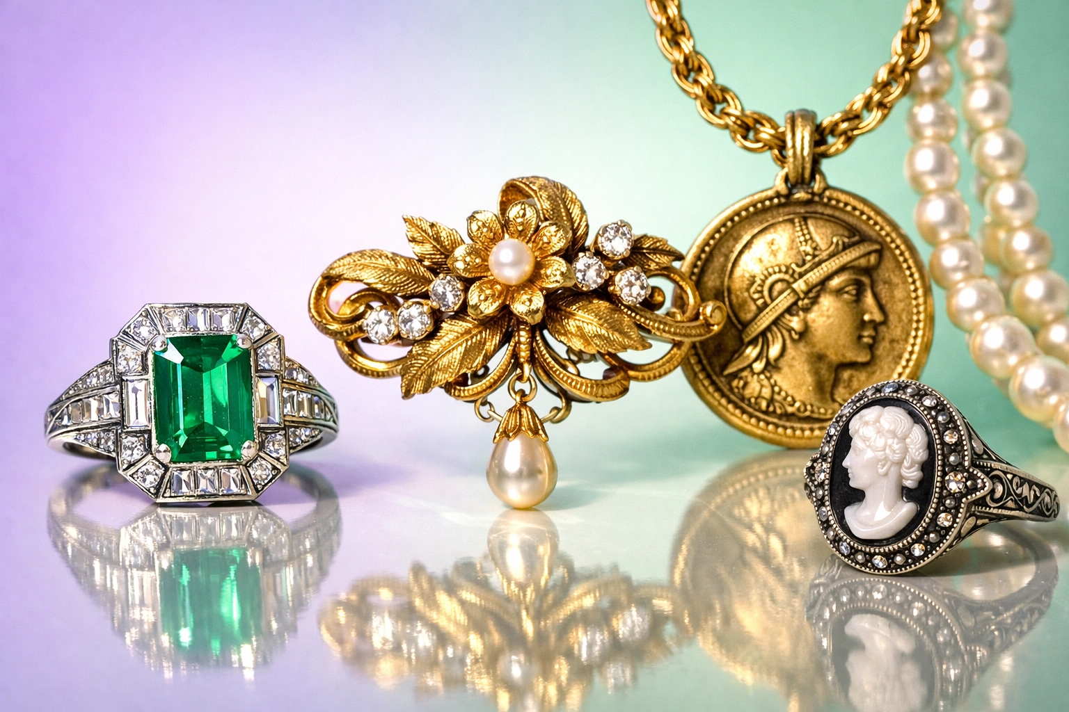 A collection of unique estate jewelry including an Art Deco emerald ring and a Victorian gold brooch.