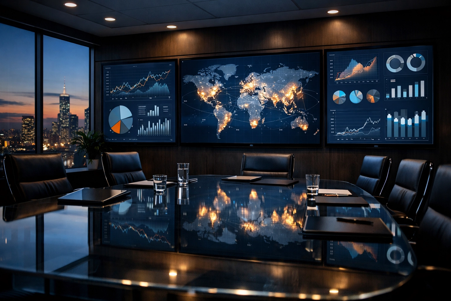 Modern corporate strategy room with data visualization screens showing global analytics and strategic media insights.