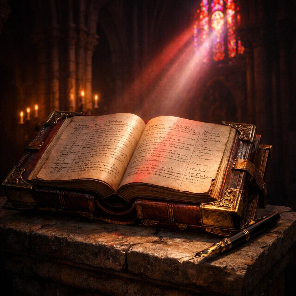 Ornate ecclesiastical ledger in a cathedral symbolizing a baptismal record as a true court recording.