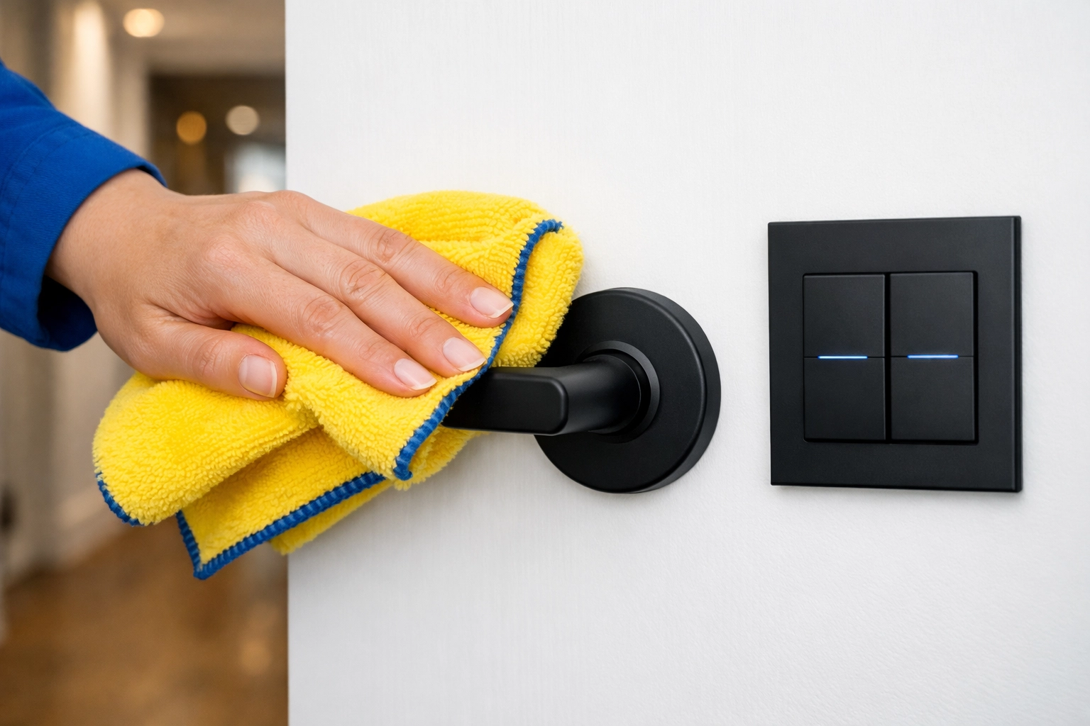Disinfecting high-touch door handles and light switches during weekly house cleaning in Townsend MA.