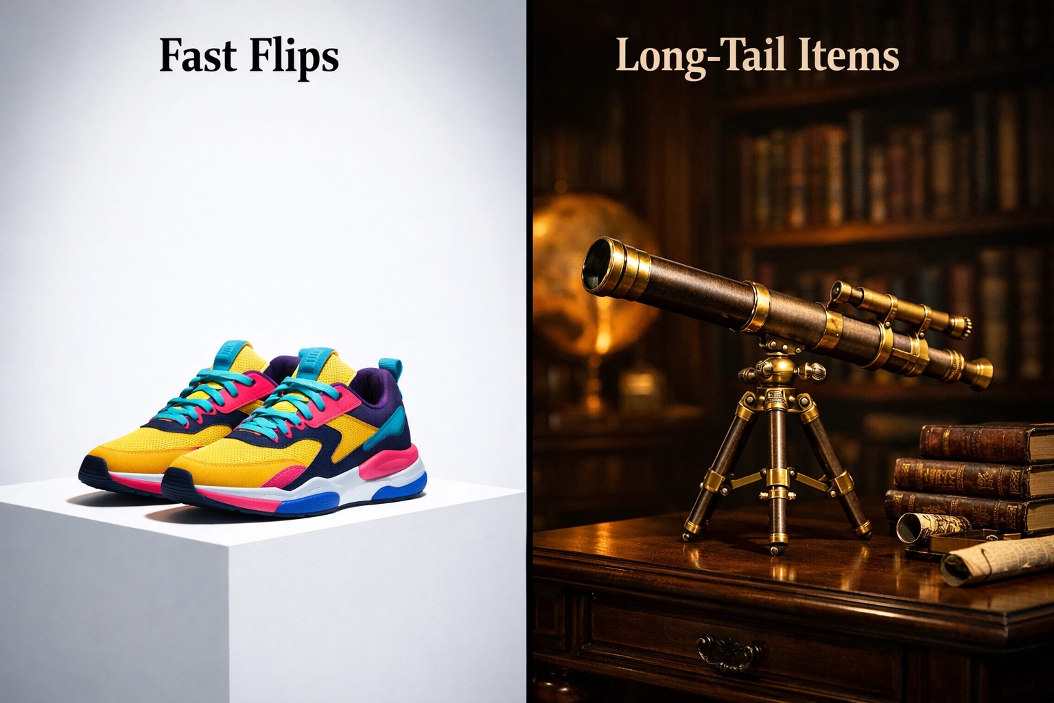 A side-by-side comparison of fast-moving sneakers and long-tail vintage items for eBay resellers.