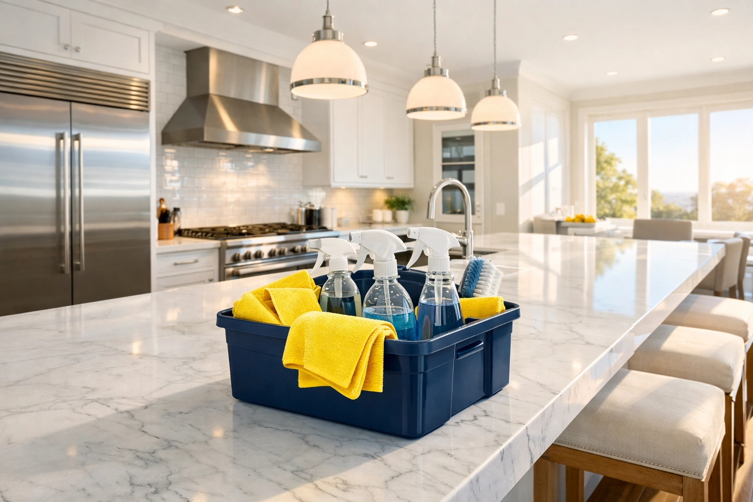 Pristine Dover kitchen with marble countertops showing efficient residential cleaning Massachusetts results.