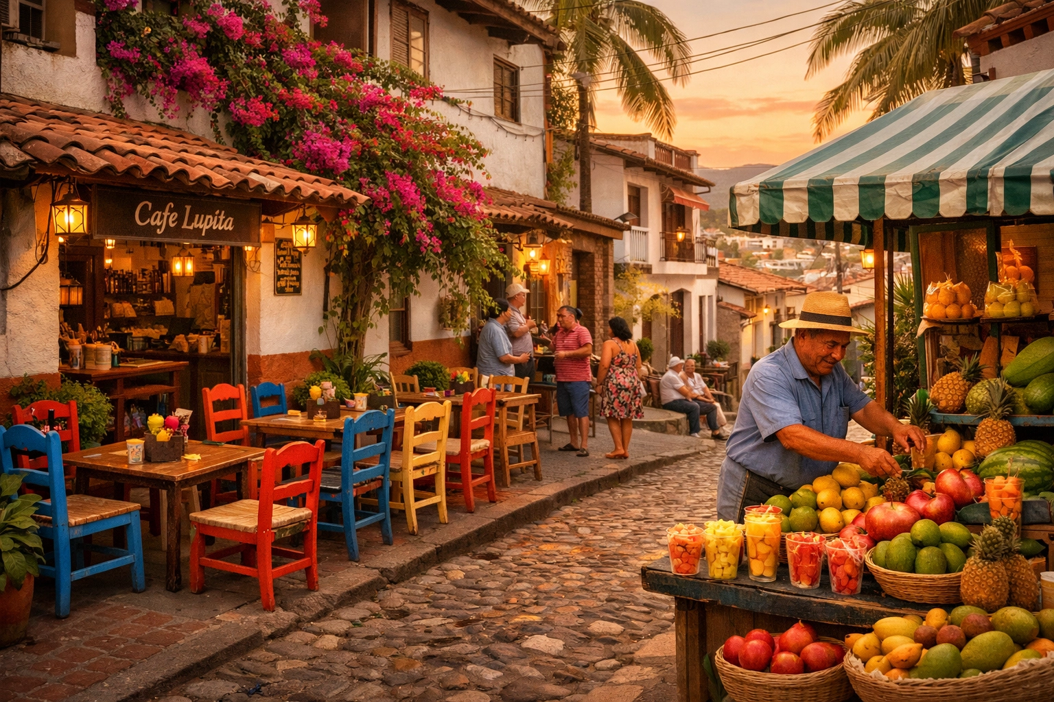 Colorful Puerto Vallarta neighborhood street with local cafe and fruit vendor