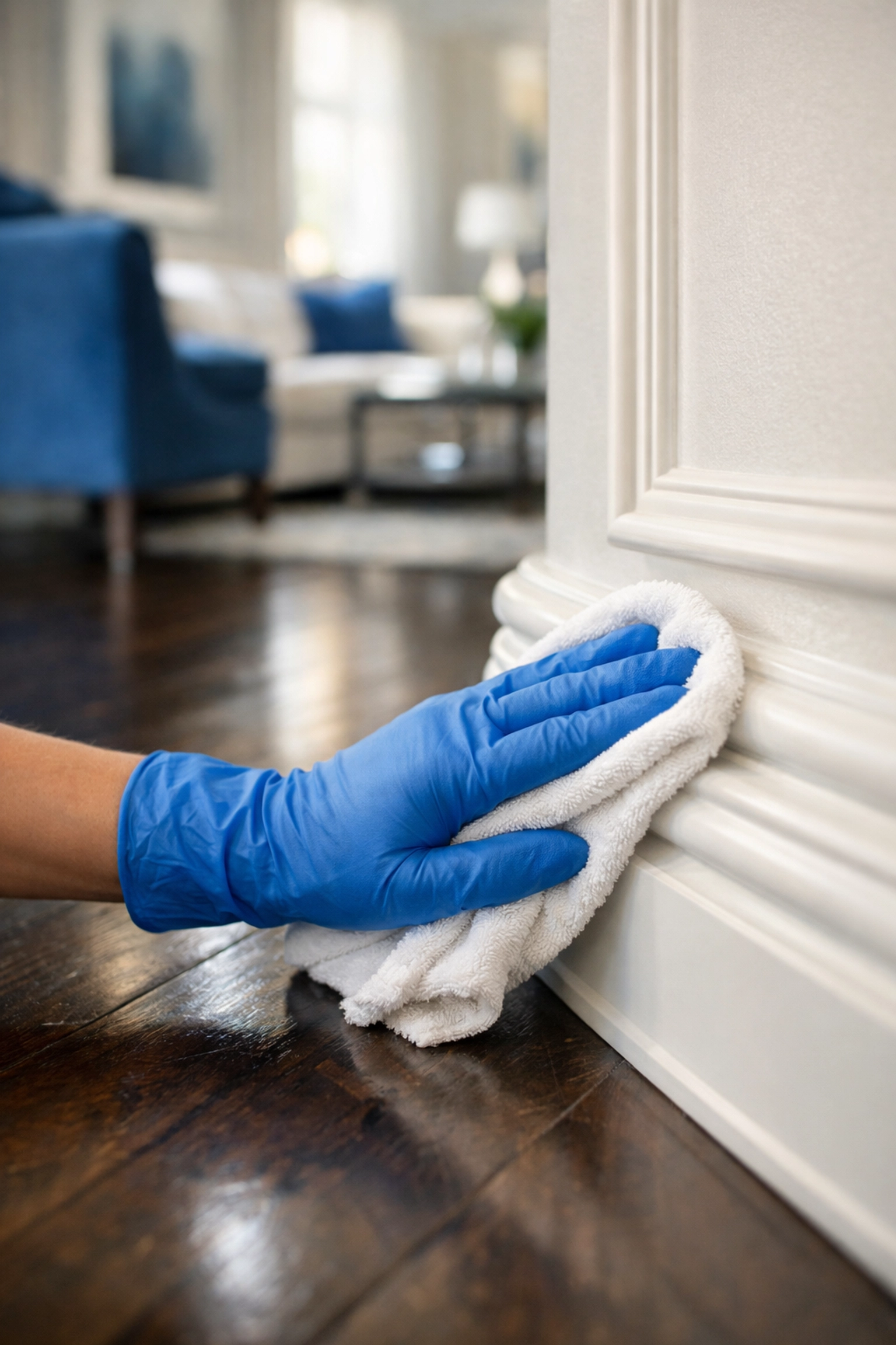 Professional cleaners MA wiping white baseboards in a luxury living room with hardwood floors.