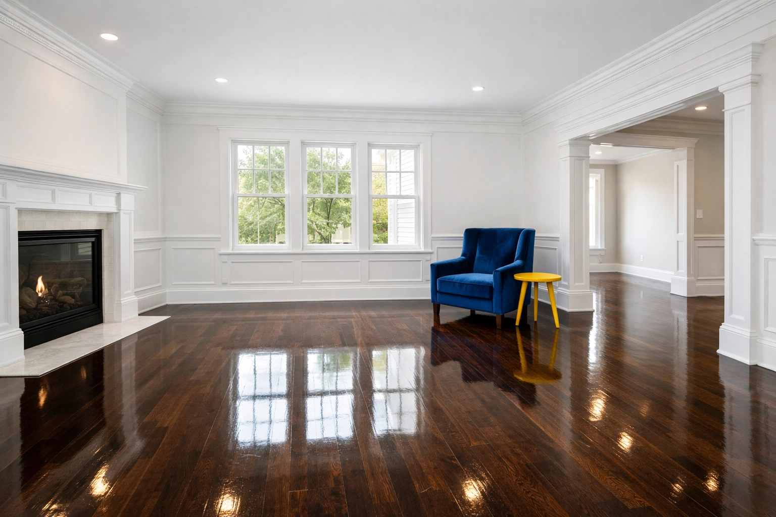 Polished hardwood floors in a colonial living room after a move-out professional cleaning in Nashua.