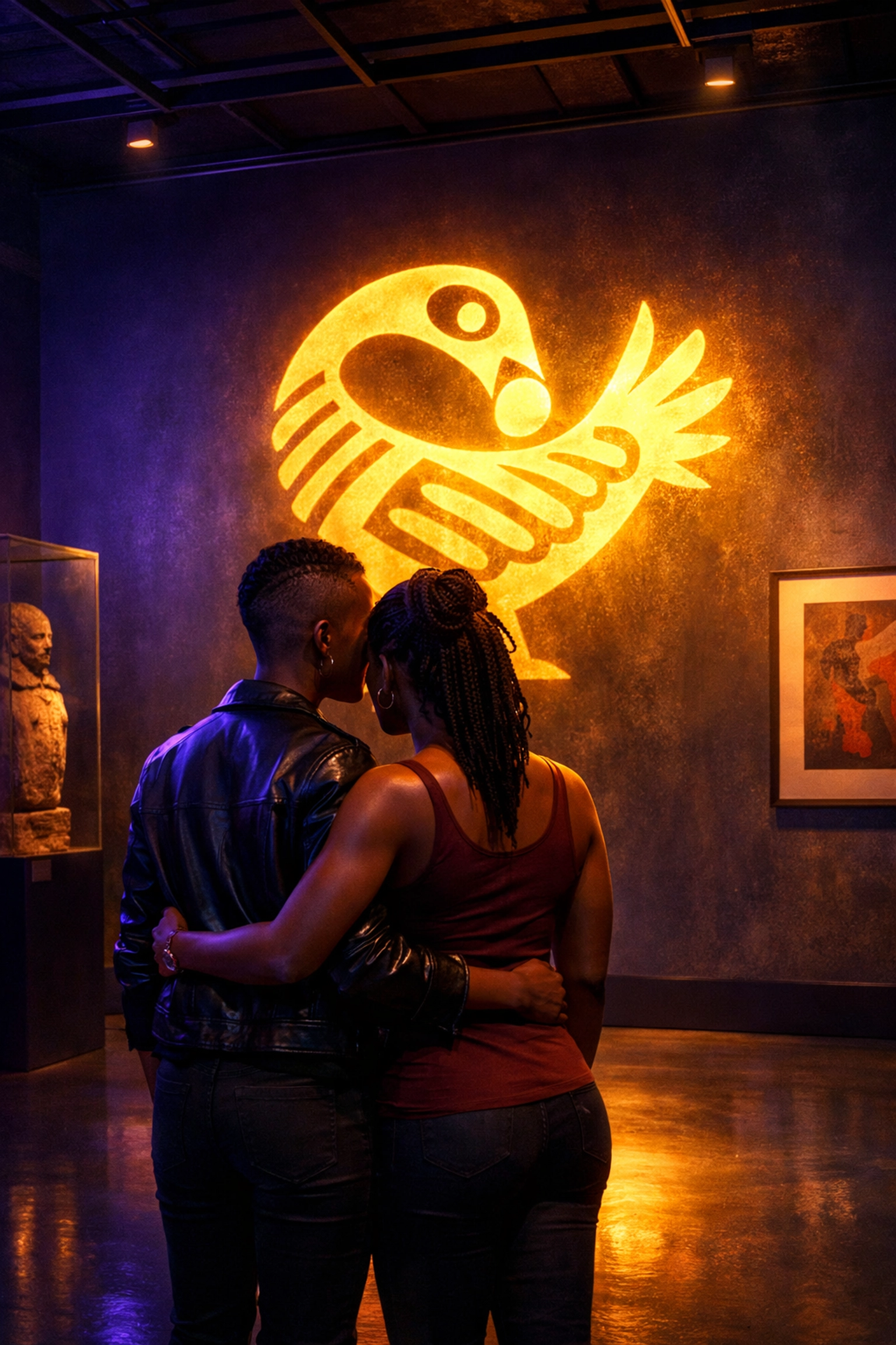 Black lesbian couple viewing a Sankofa symbol, reflecting on their queer African ancestry and historical roots.