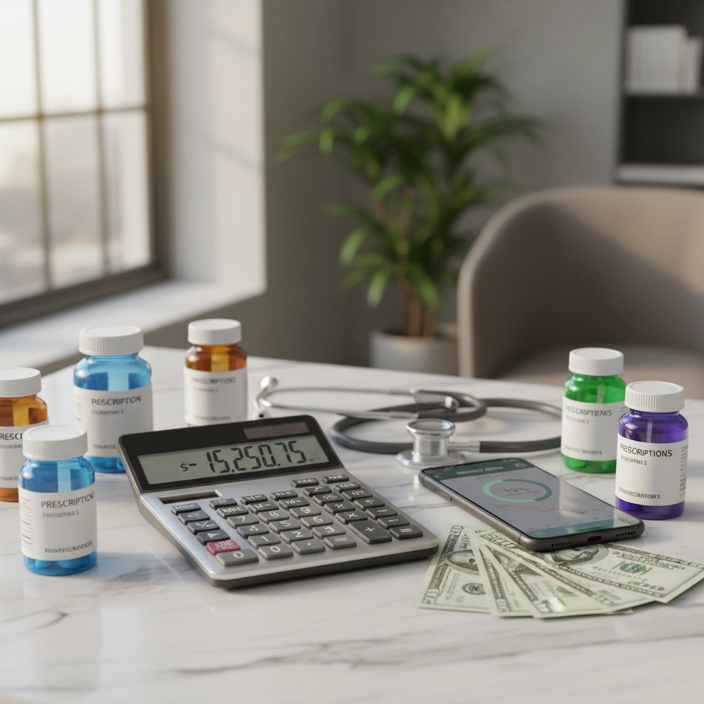Calculator showing 15,250.75, smartphone, stethoscope, prescription bottles, and cash on a desk. Bright room with a plant in background.