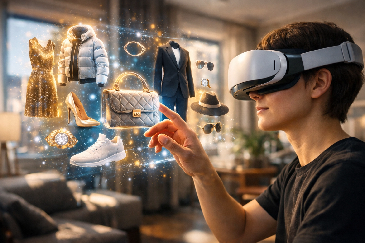 User in VR headset browsing a holographic metaverse retail shop for immersive Web3 shopping.