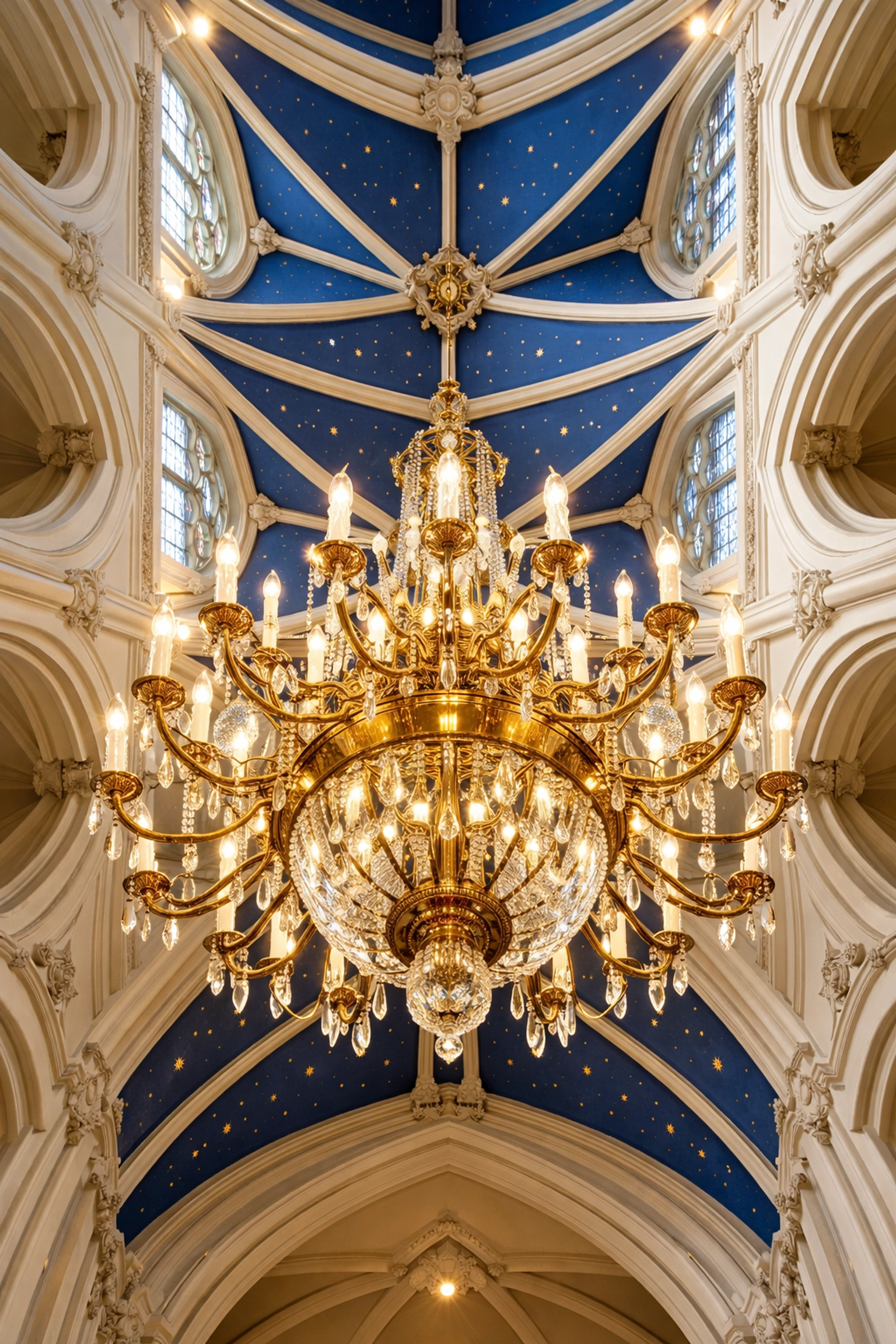 Sparkling brass chandelier and vaulted ceiling in a Weymouth church, showing expert high-access cleaning.