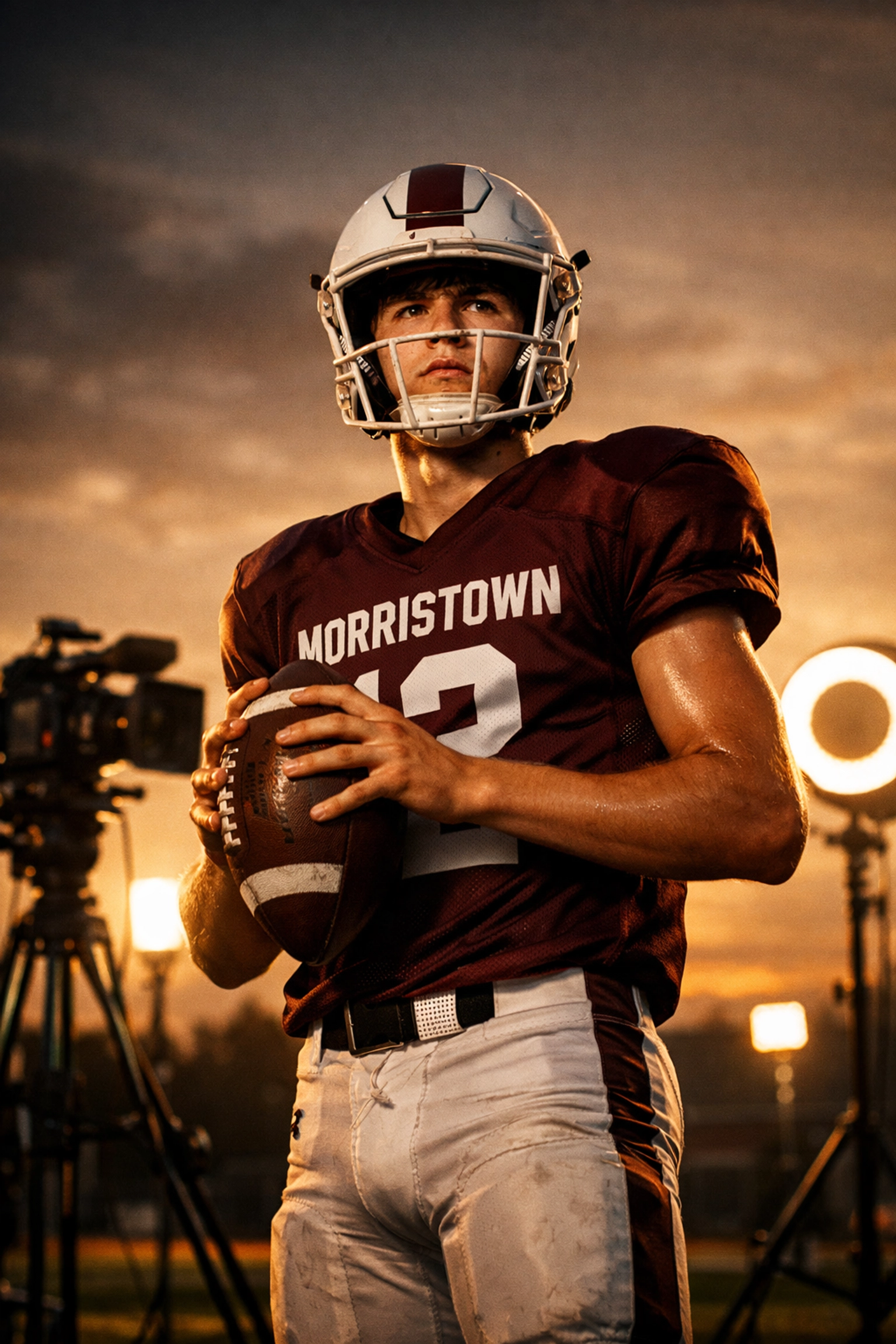 Hudson Bienko quarterback with professional filming equipment in Morristown uniform on practice field