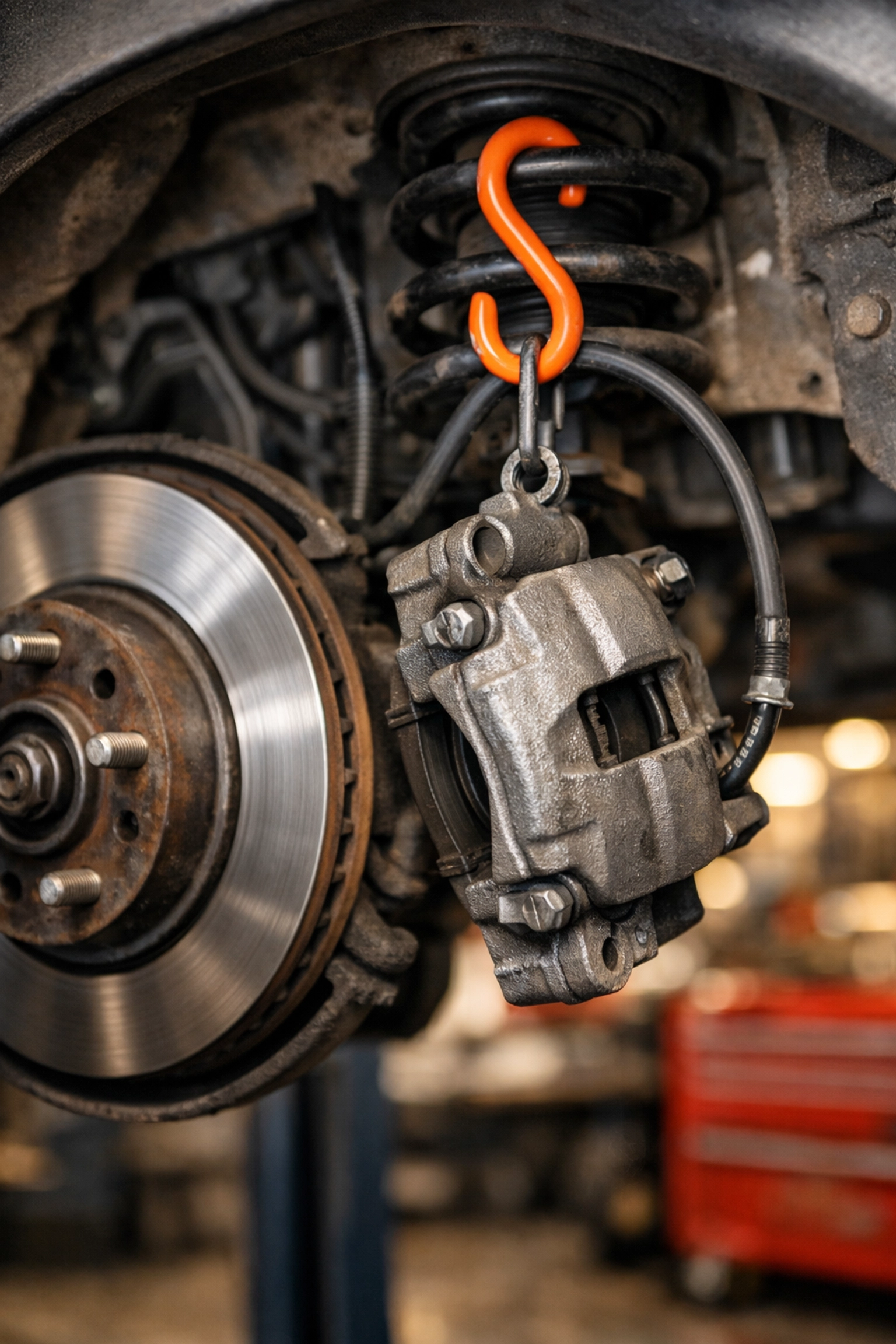 Professional brake repair in Pauls Valley showing a caliper correctly supported by an S-hook.