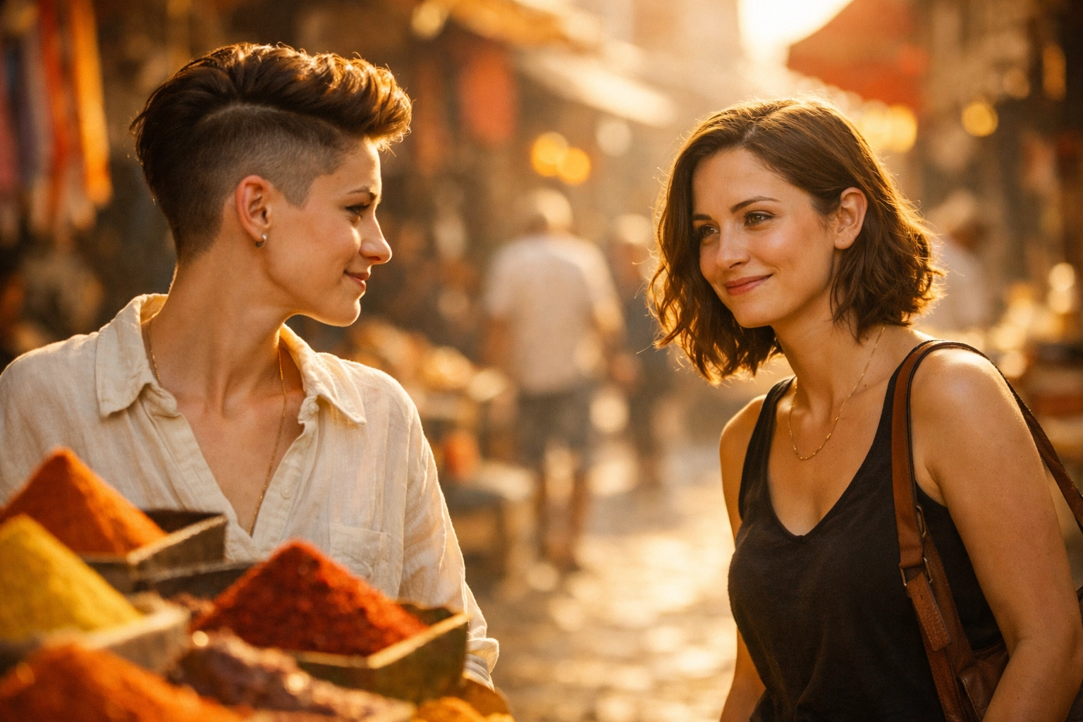 Two queer women sharing a knowing look in a Mediterranean market, a moment of connection for LGBTQ+ travelers.