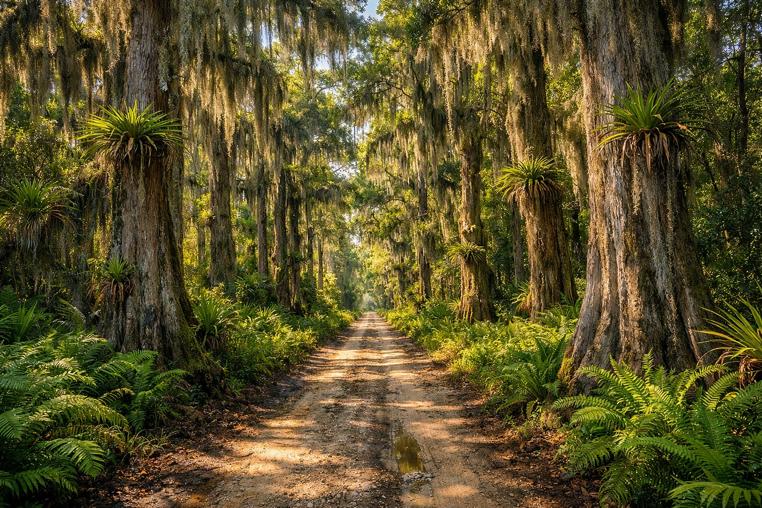 Scenic landscape photo of Janes Scenic Drive in the Everglades featuring bald cypress and Spanish moss.