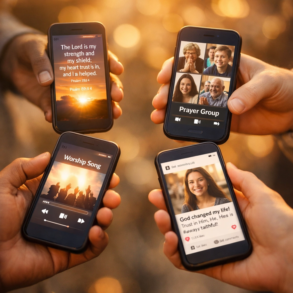 Diverse hands holding smartphones displaying Bible verses and faith content in community circle