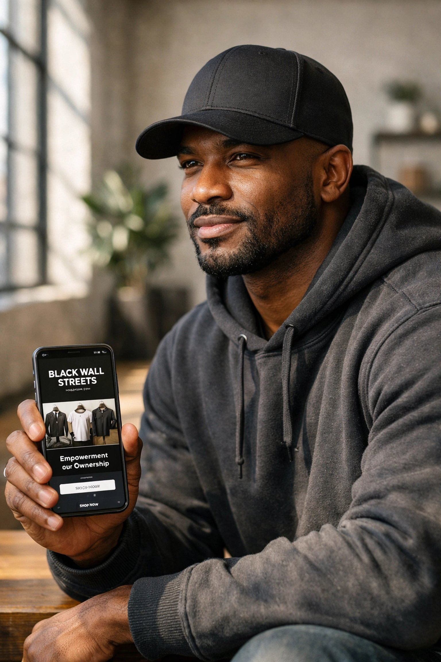 Buying Black Matters: Why Supporting Black Entrepreneurs is the New Movement A confident man in a Black-owned baseball cap browsing motivational fashion on his smartphone.