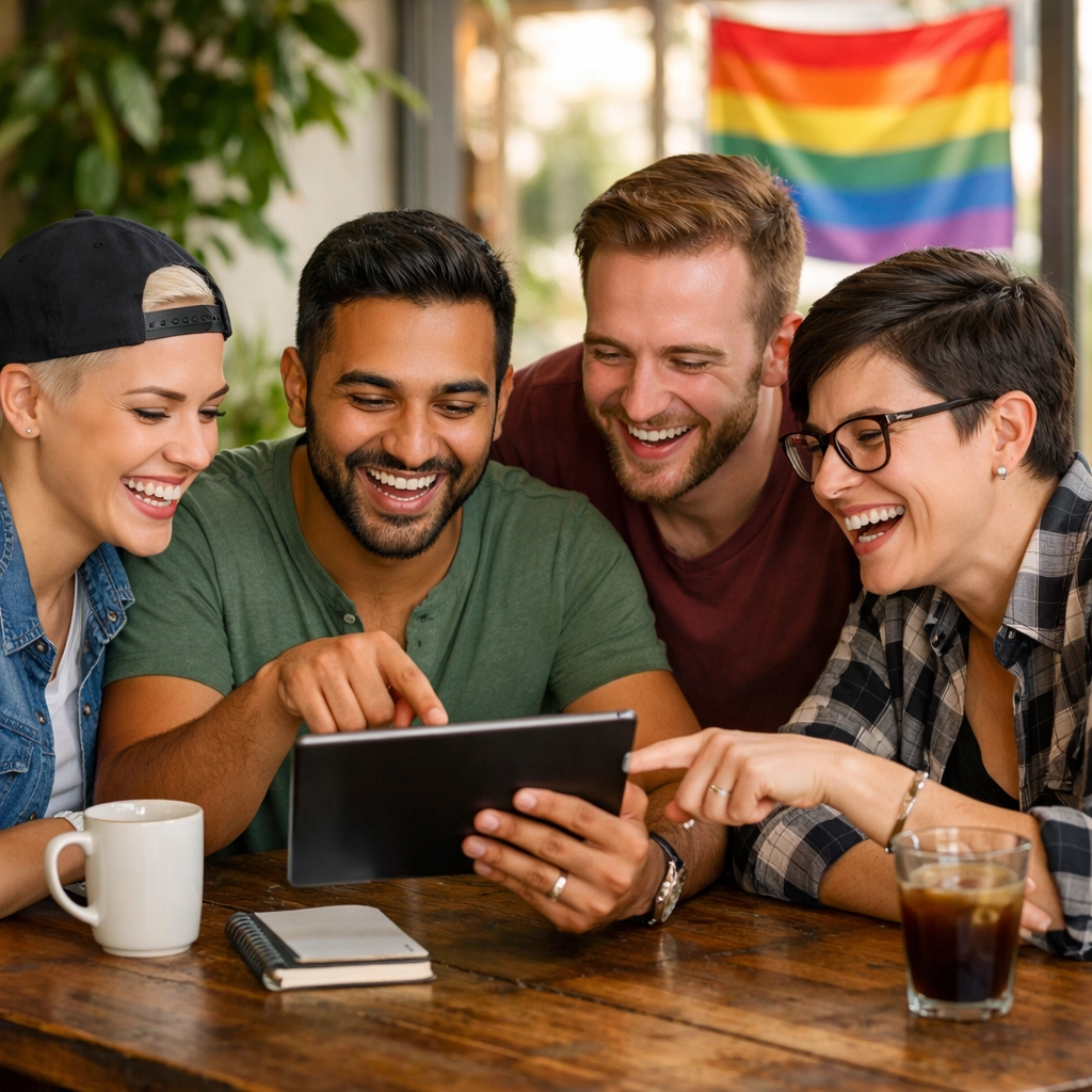 A group of diverse LGBTQ+ creators collaborating on queer fiction projects in a sunlit cafe.