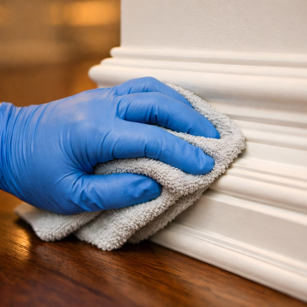 Professional cleaners MA meticulously wiping white baseboards during a residential deep clean.